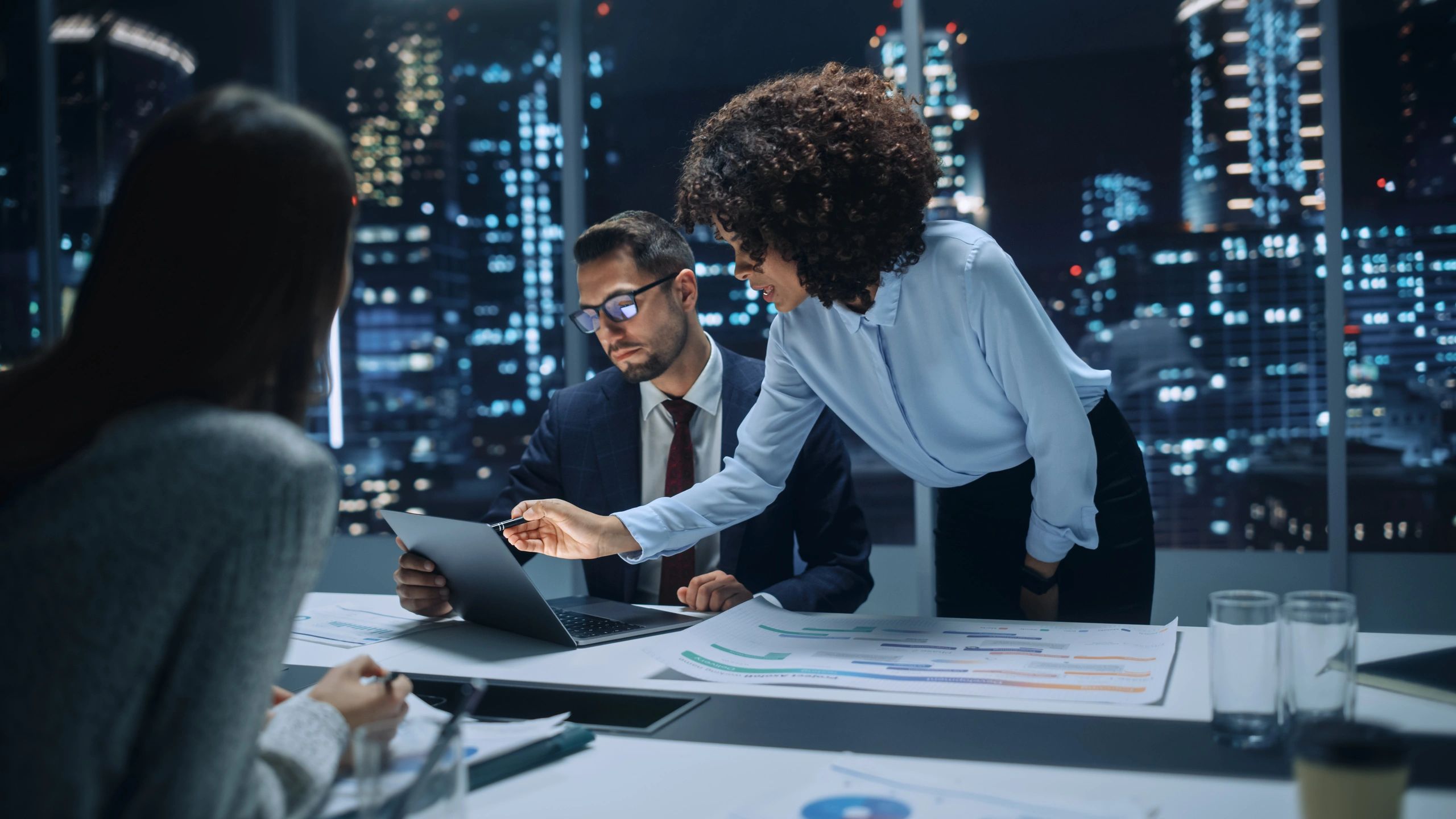 business team reviewing proposal, tech office, government contract, modern